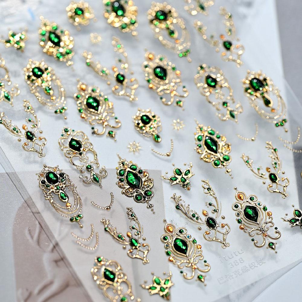 5D Embossed Emerald Gemstones Nail Art Stickers Luxury Golden Frame Baroque Flower Nail Decals Green Rhinestones Nail Supplies
