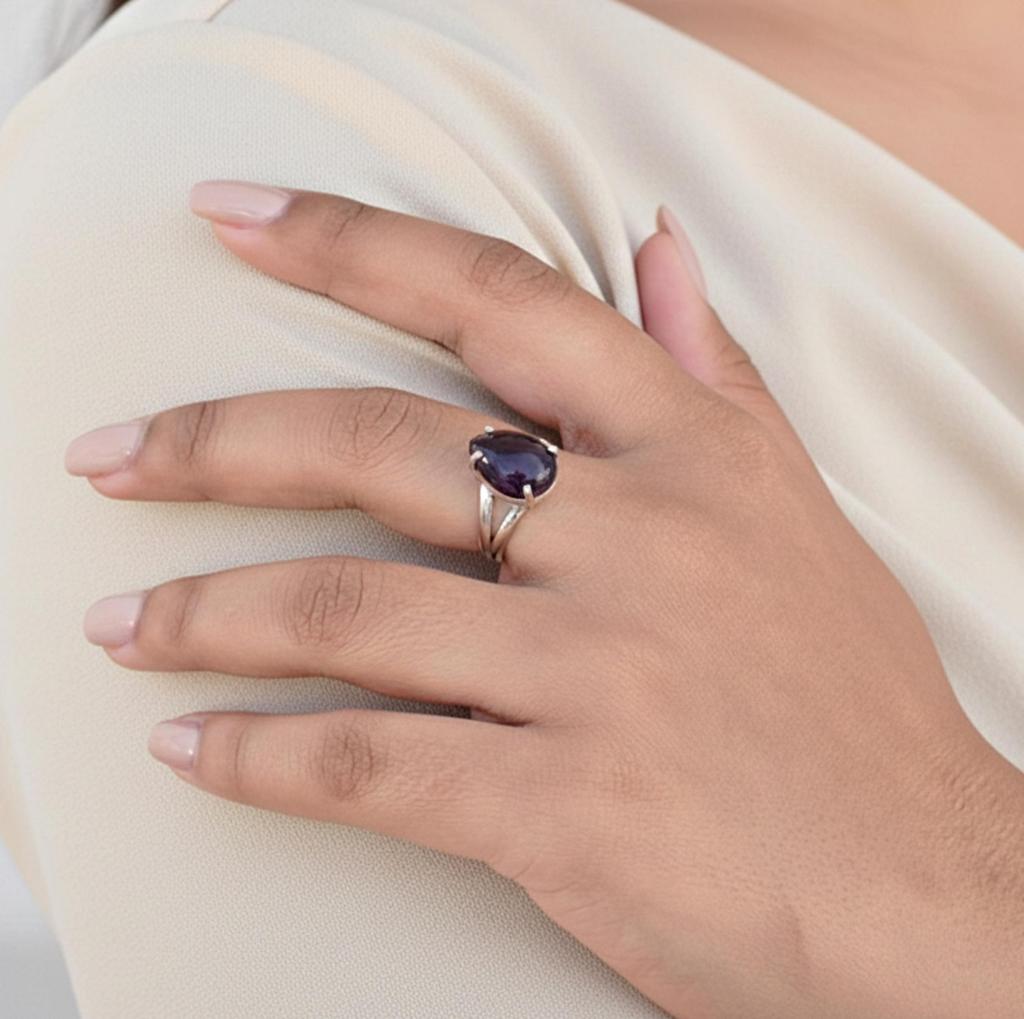 Lila Amethyst Birnenform Statement Ring, 925 Sterling Silber, Minimalistischer Boho Ring für Damen