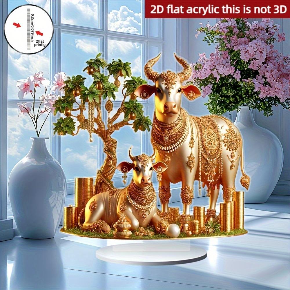 2D Flat Acrylic Statue, Boho Style Cow & Calf With Stand, Tabletop Decor For Home Office Cafe, Unique Animal Collectible