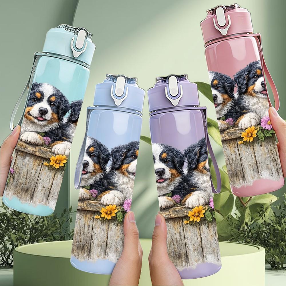 1PC Two Puppy Dogs Wooden Fence Art 750ml Color Plastic Sports Water Bottle Leakproof Flip Straw Lid Suitable for Sports Office Home Use