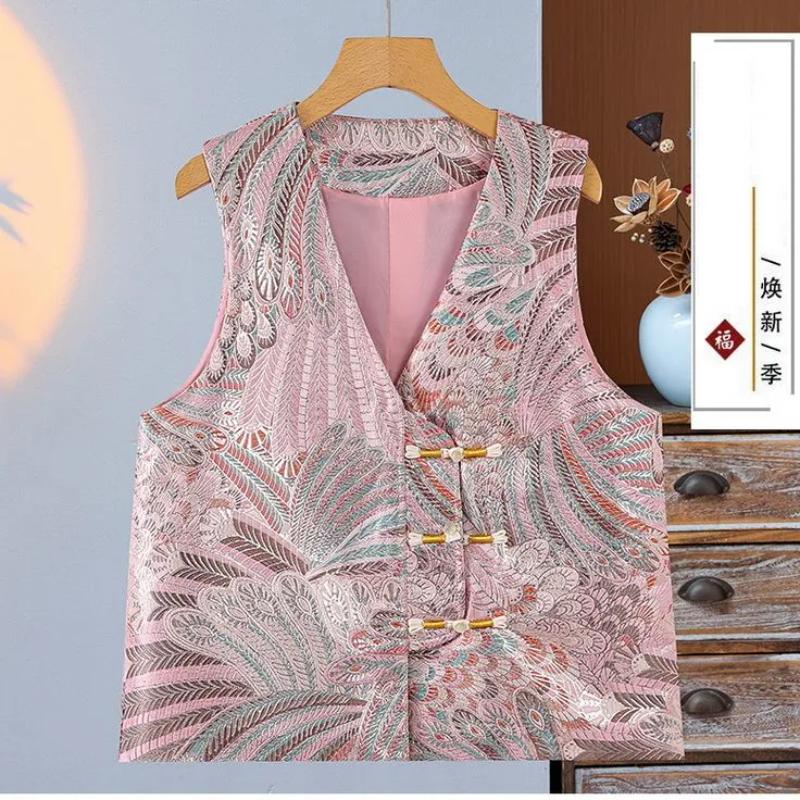 

Women s Chinese Style Jacquard Fabric Blouse Vintage Frog Button Traditional Casual Top M розовый