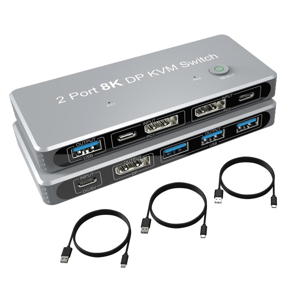 8K/60Hz 4K/120Hz USB KVM Switch for Keyboard, Mouse & Printer Video Sharing