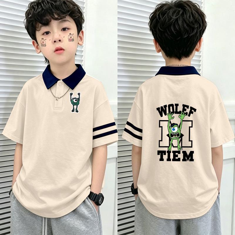 Boys' Cotton Color Block Polo Shirt - 2026 Summer Patchwork Lapel T-shirt for Medium & Large Children