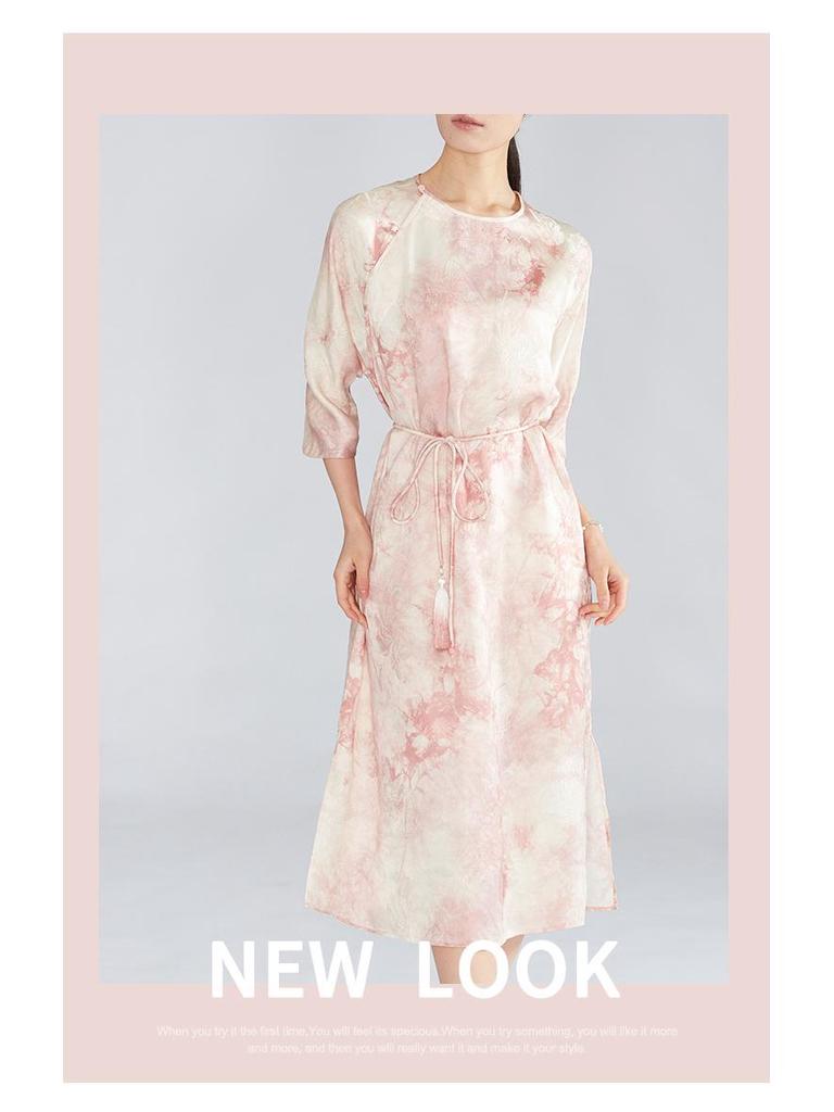 Handmade Tie-Dye Mulberry Silk Jacquard Dress - Chinese Style, Round Neck, Slanted Placket, Seven-Sleeve Midi