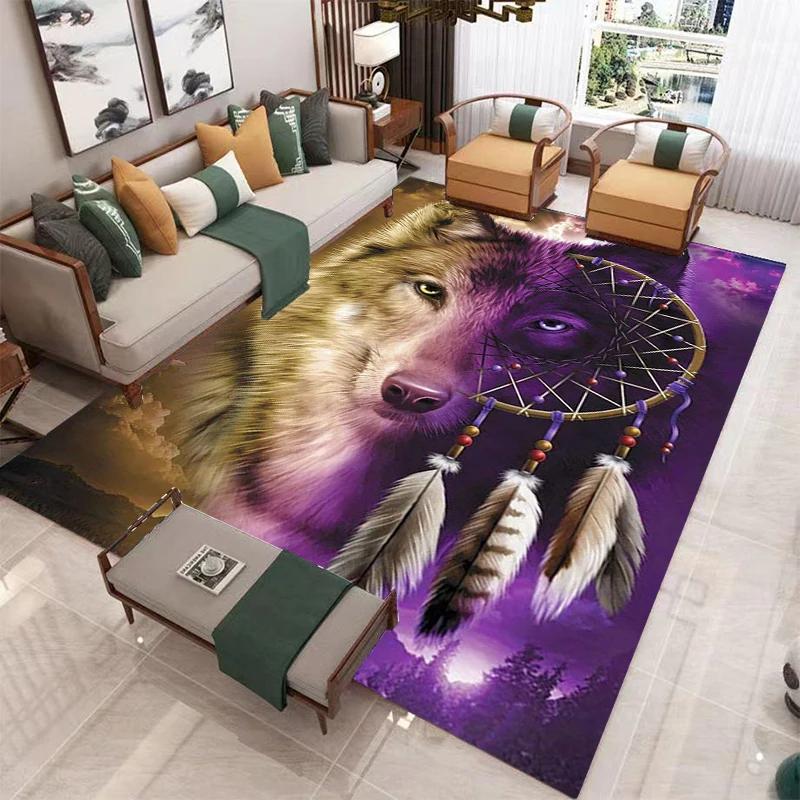 Wolf Carpet Wild Animal Doormat Bohemia Style Dreamcatcher Area Rug for Living Room Bathroom Decor Woodland Wildlife Floor Mat