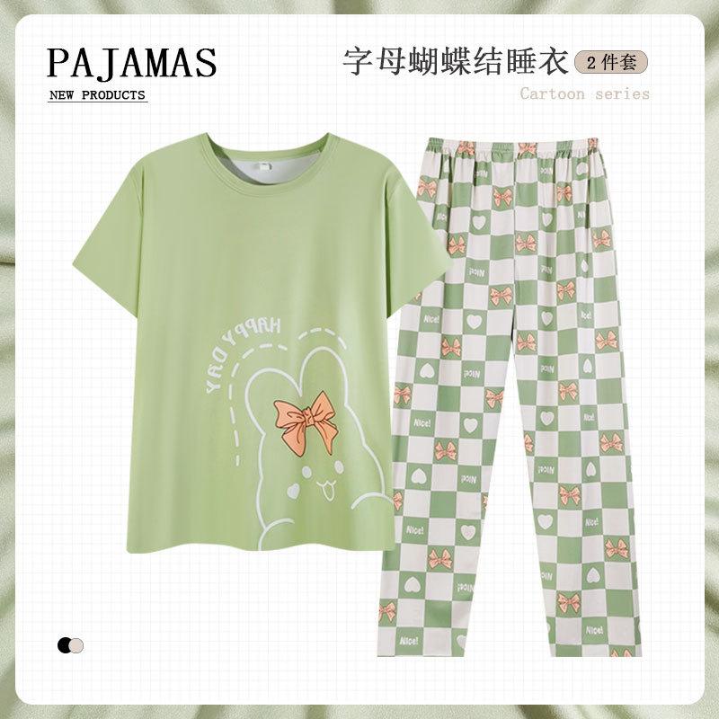 Plaid Cartoon Pajamas Women's Summer Vitality Girl Round Neck Short-sleeved Trousers Suit Casual Can Be Worn Outside Loungewear