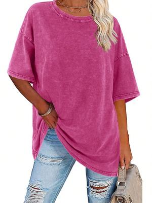 Womens Vintage Washed Cotton T Shirt Short Sleeve Oversized Summer Tunic Tee
