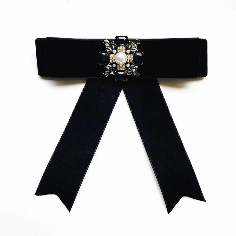 Velvet Memorial Black Bowknot Brooches Crystal Rhinestone Bow Tie Brooches Dress Shirt Accessories