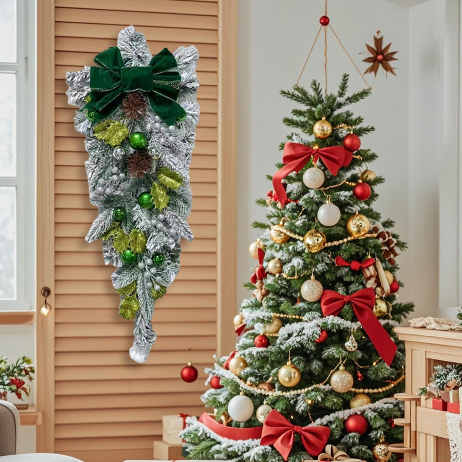 

Christmas Teardrop Bow Swag Flocked Wreath Artificial Snowy for Front Door Wedding Home зелений