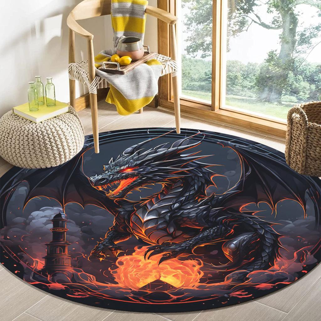 Polyester Round Rug with Black Dragon Design for Living Room, Bedroom, Gaming Room - Durable Crystal Velvet Carpet Chair Mat, Ea