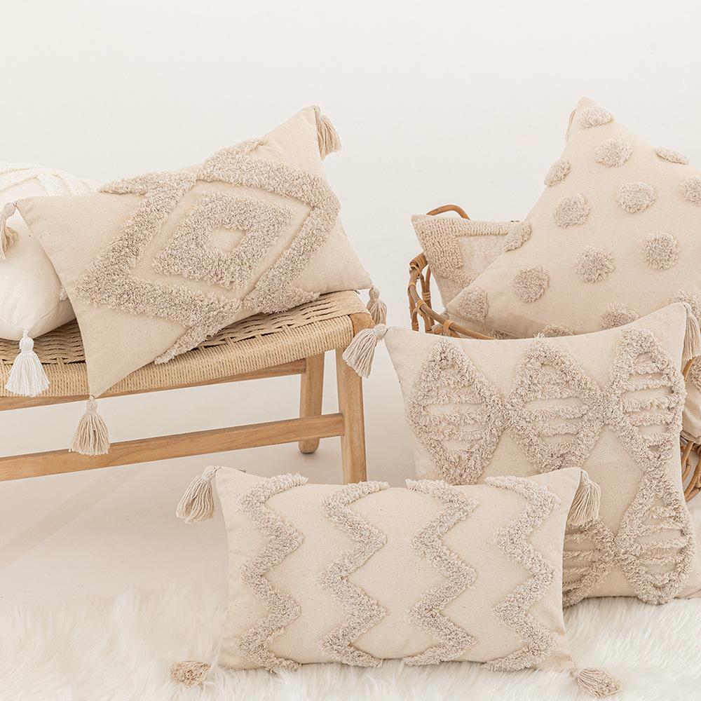 Wasabi Tufted Pillow Case Geometric Embroidered Tassel Sofa Cushion Case Bohemian Bathroom Windows Pillow Premium