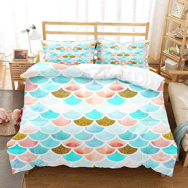 Comforter Mermaid Fish Scales Magical Colorful Seamless Pattern With Fish Scale Net Print Bedding Set Microfiber