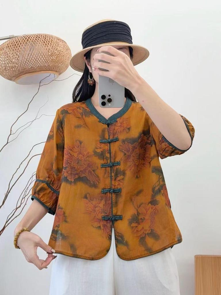 2026 Spring/Summer Women's Retro Ramie Printed Stand Collar 3/4 Sleeve Frog Button Cardigan Shirt