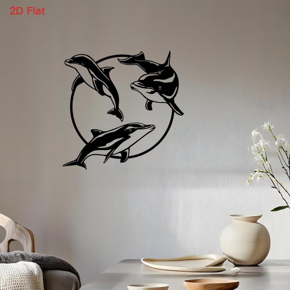 Arte da Parete in Metallo Cerchio Tre Delfini Piatto 2D Ferro Battuto Nero Taglio Laser Decorazione Carina Tema Costiero Oceano Casa