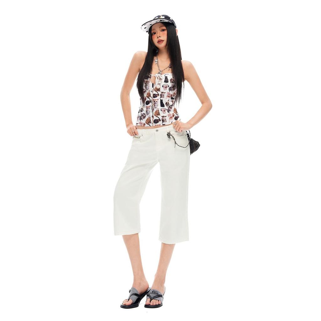 Trendy Summer Low Rise Raw Wash White Denim Cropped Capri Pants For Women Slim Straight Versatile AllMatch Casual Bottoms
