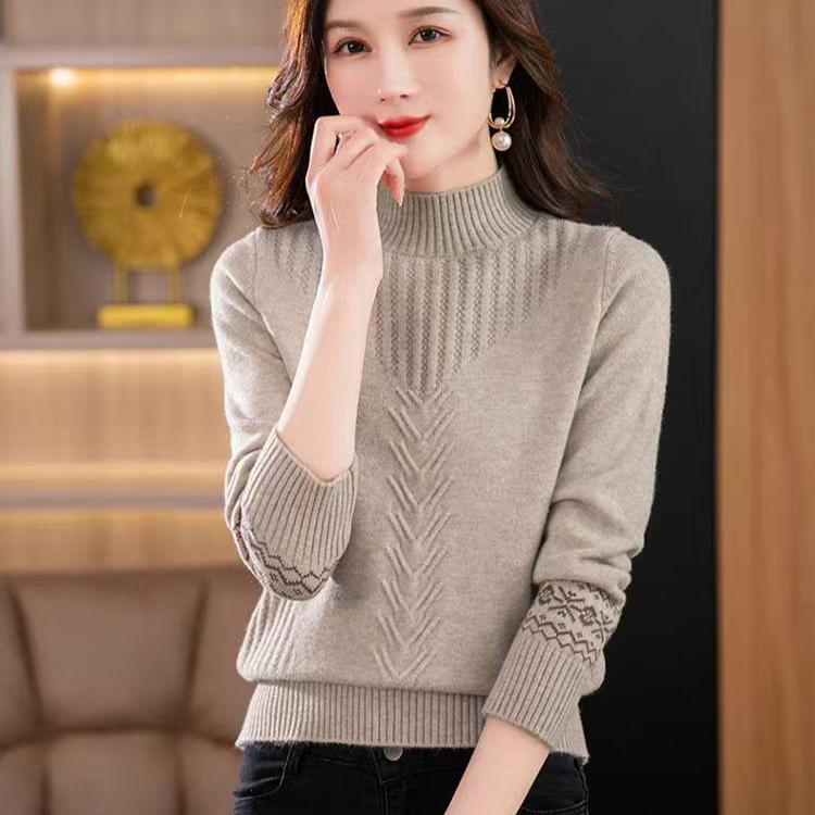 Half Turtleneck Cashmere Sweater Solid-color Long-sleeved Knitted Sweater for Women Casual Thickened Knitwear and Loose Solid-color Pullover