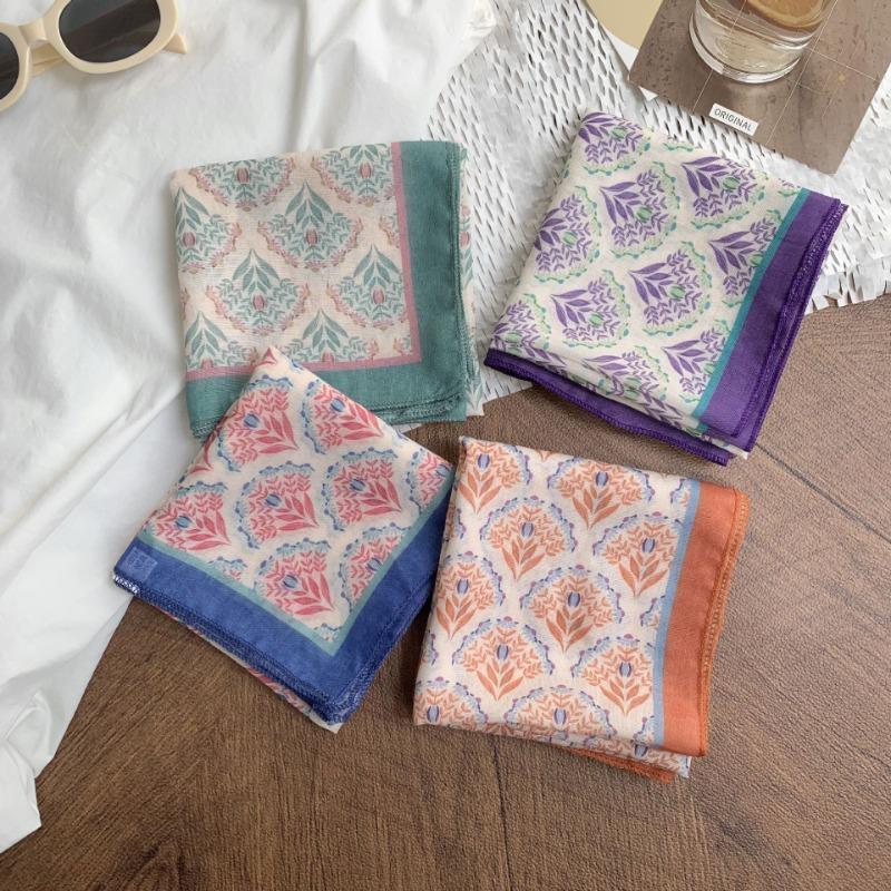 Floral Headscarf Summer Women's Pastoral New Literary and Versatile Small Scarf 58 Cotton and Linen Small Square Scarf Silk Scarf Women's Headband