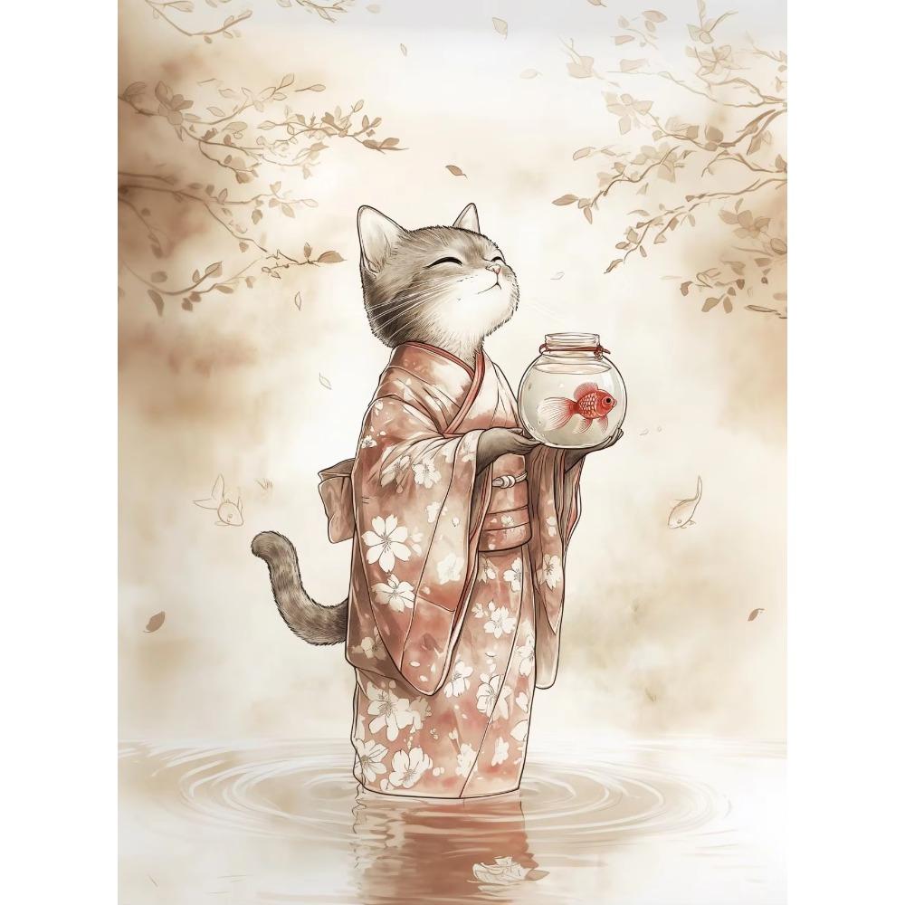 Canvas  Japanese Black Cat Bathing Moon Lucky Cartoon Illustration Retro Poster Wall Art Pictures Home Decor Wall Decor