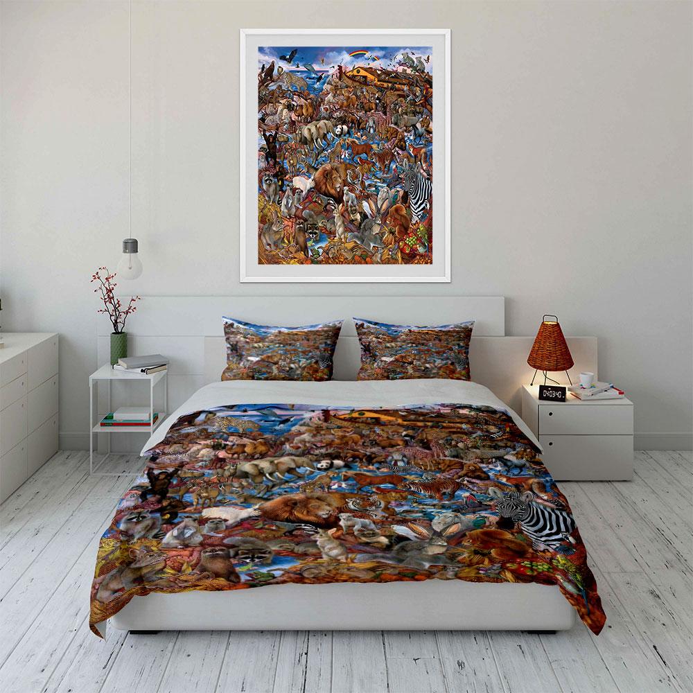 3Pcs Noah's Ark Animal Bedding Set, Colorful Jungle Animals on the Ark Print Duvet Cover + 2 Pillowcases, Kids' Biblical Decor
