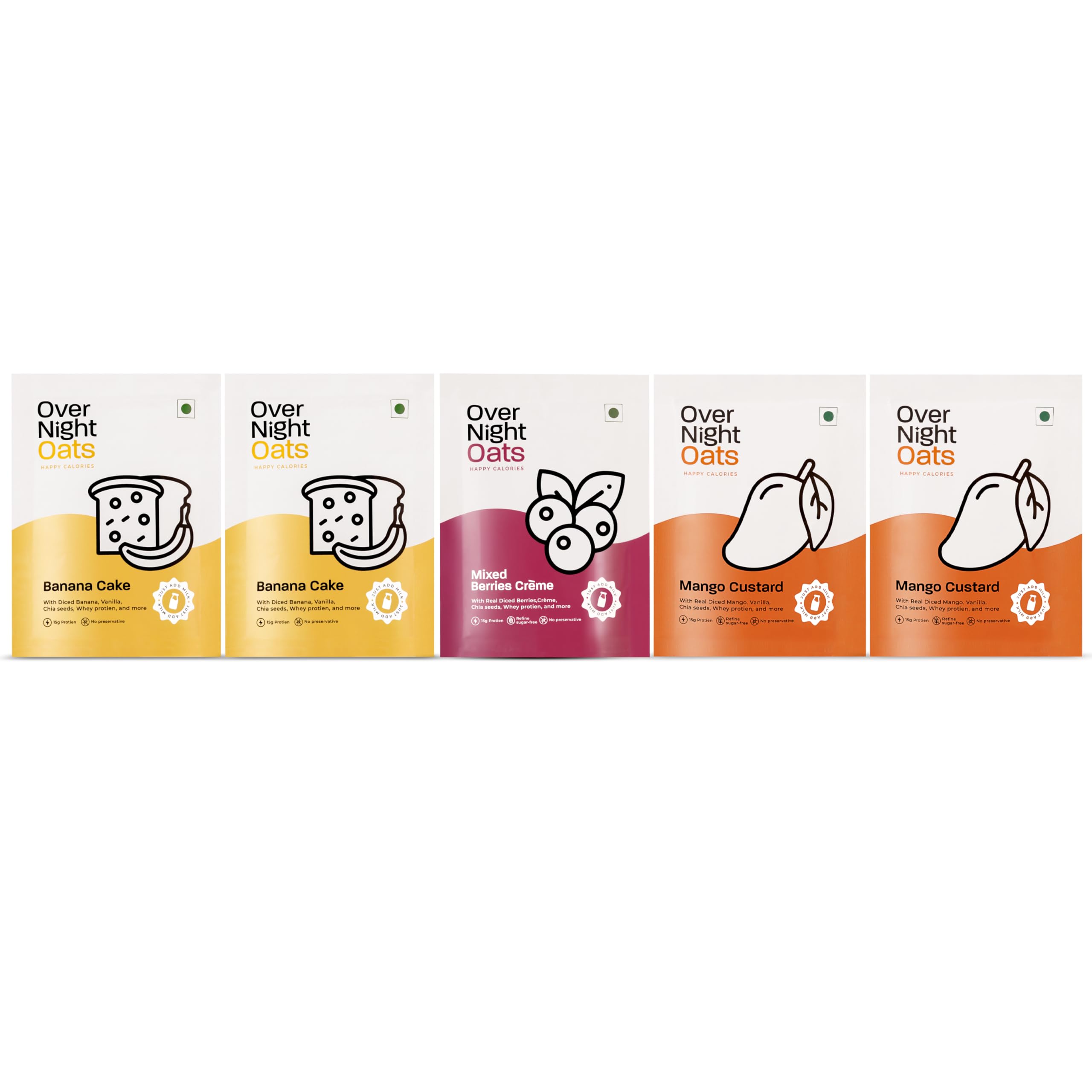 Overnight Oats 15gm High Protein, Refined Sugar-Free, with Dices Banana, Mango, Vanilla, Chia Seeds, Whey Protein & more| (Fruity Fiesta, 15grams P