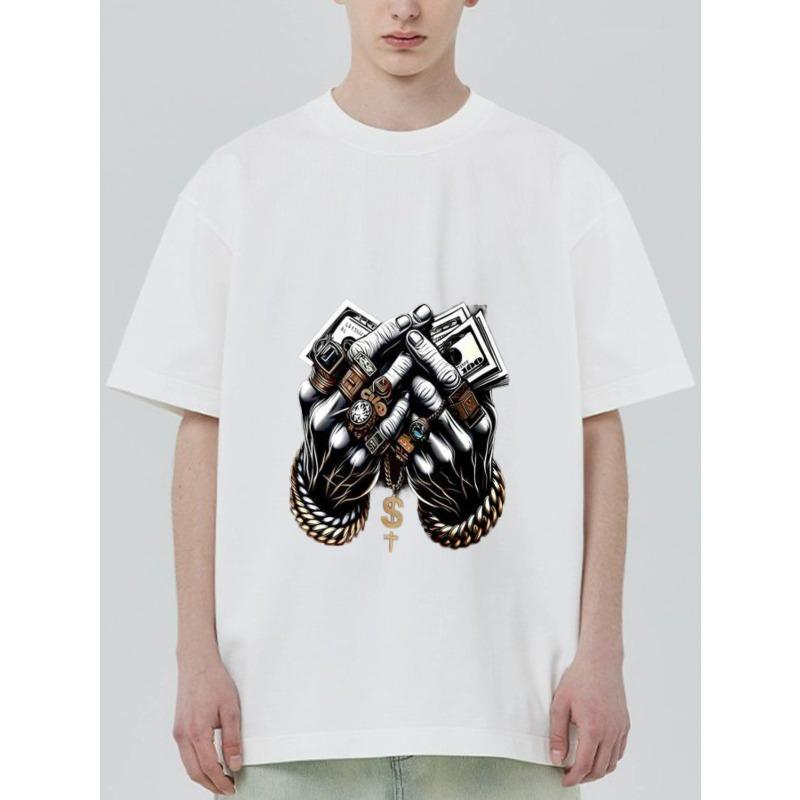 Black T-Shirt with Money and Chain Hands Print for Streetwear Fashion
