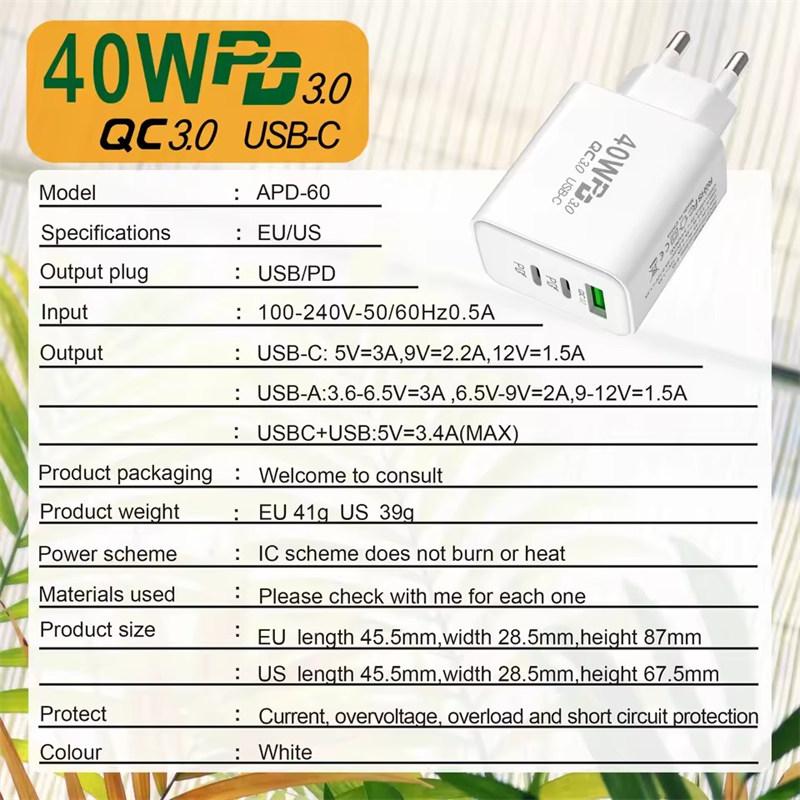 USB Type C Charger PD 40W Quick Charge Fast Charging Mobile Phone Wall Adapter for iPhone 16 Pro Samsung Xiaomi Power Adapter