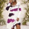 Women Criss Cross V Neck Long Sleeve Blue Gold Marble Printed Fitted Curved Hem Dress