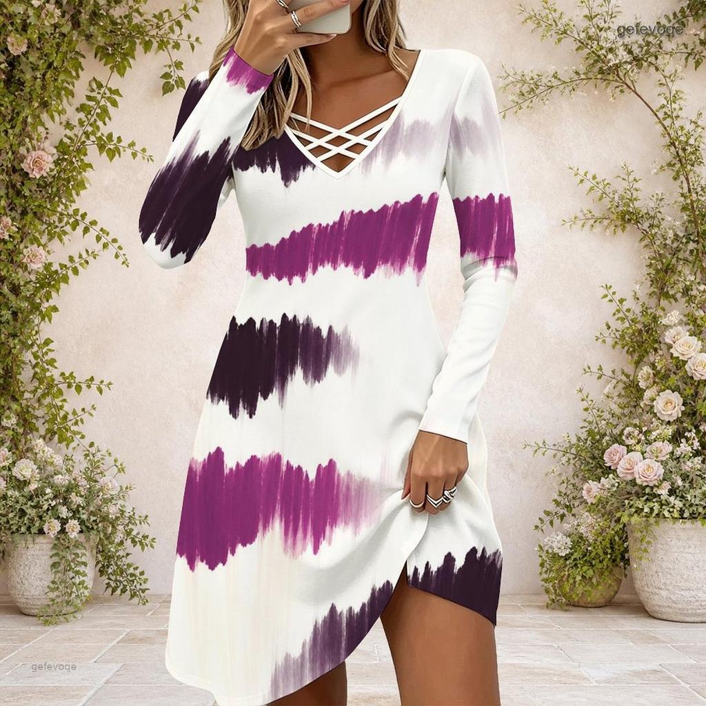Women Criss Cross V Neck Long Sleeve Blue Gold Marble Printed Fitted Curved Hem Dress