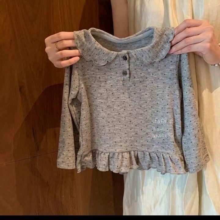 

Хлопковый топ для девочек в корейском стиле в горошек с длинным рукавом и оборкой на лацкане 80