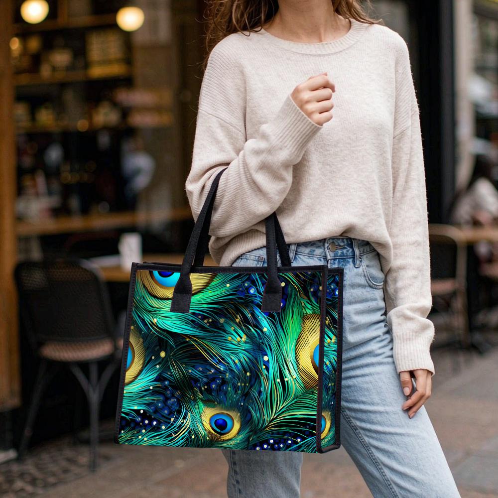 Peacock Feather Pattern Tote Bag Fashion Large Capacity Casual Daily Handbag for Ladies Outdoor Shopping Use