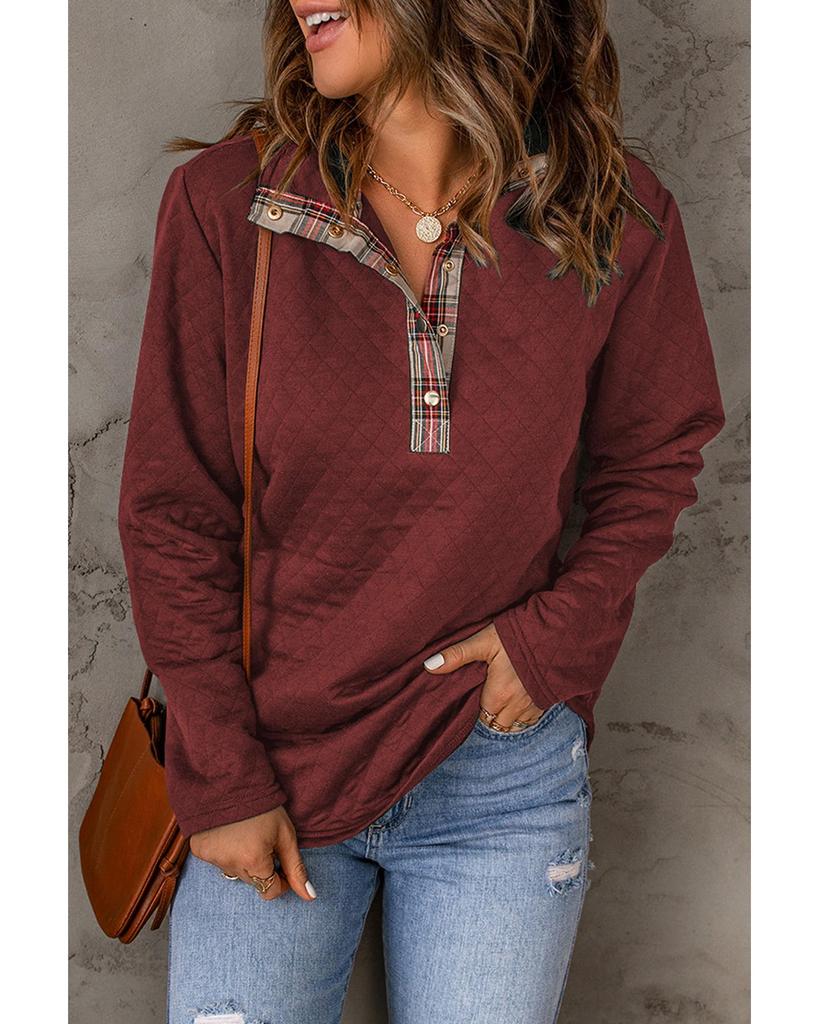 Azura Exchange Geometric Texture Plaid Trim Sweatshirt