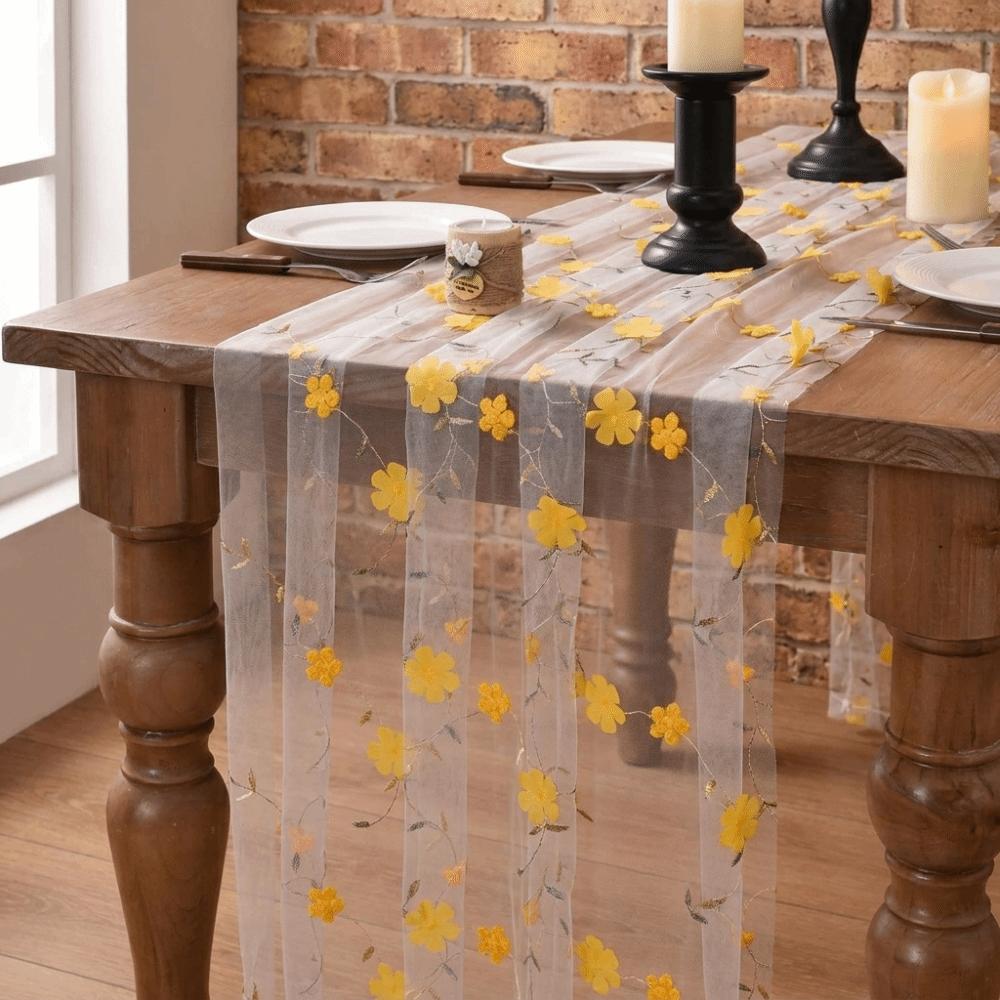 Semi-Transparent Tulle Table Runner 3D Embroidery Gauze Table Flag Kitchen Dining