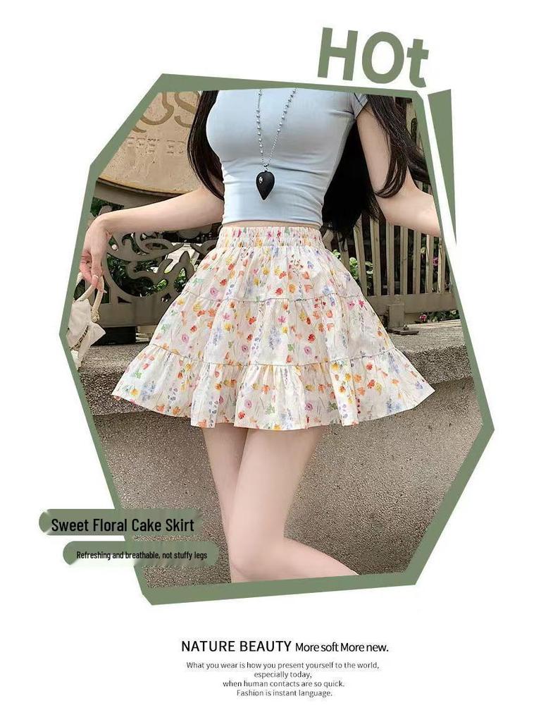 Women's Floral Print A-Line Mini Skirt - Summer High Waist, Slimming Korean Style, Sweet Pleated, Petite Layered Cake Design