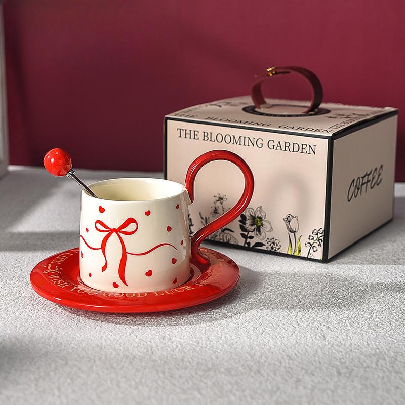 Red Coffee Cup High End and Luxurious High Quality Afternoon Tea Cup Saucer Set with Spoon Souvenir Wedding Gifts