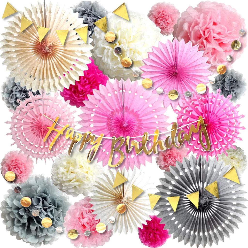 deerzon Birthday Decoration Set Paper Paper Garland 24-Piece Fans, Flowers, (Pink)