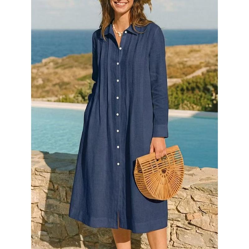 JPNTKY Fashion Summer Spring Solid Color Print Long Sleeve POLO Neck Casual Dresses