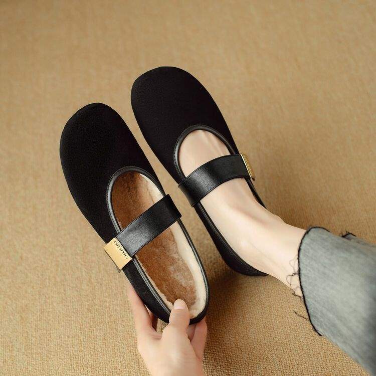 Fleece varma mjuksulade enkelskor dam retro rund tå med platt botten Mary Jane 2025 nya grunda mormorsskor