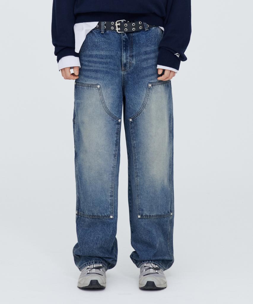 Modenaleudeo Double Knee Wide Denim Pants (Medium Blue)