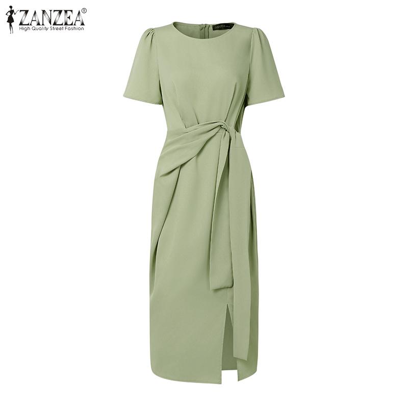 

ZANZEA Элегантное женское повседневное миди-платье с коротким рукавом, поясом на талии и разрезами 2XL