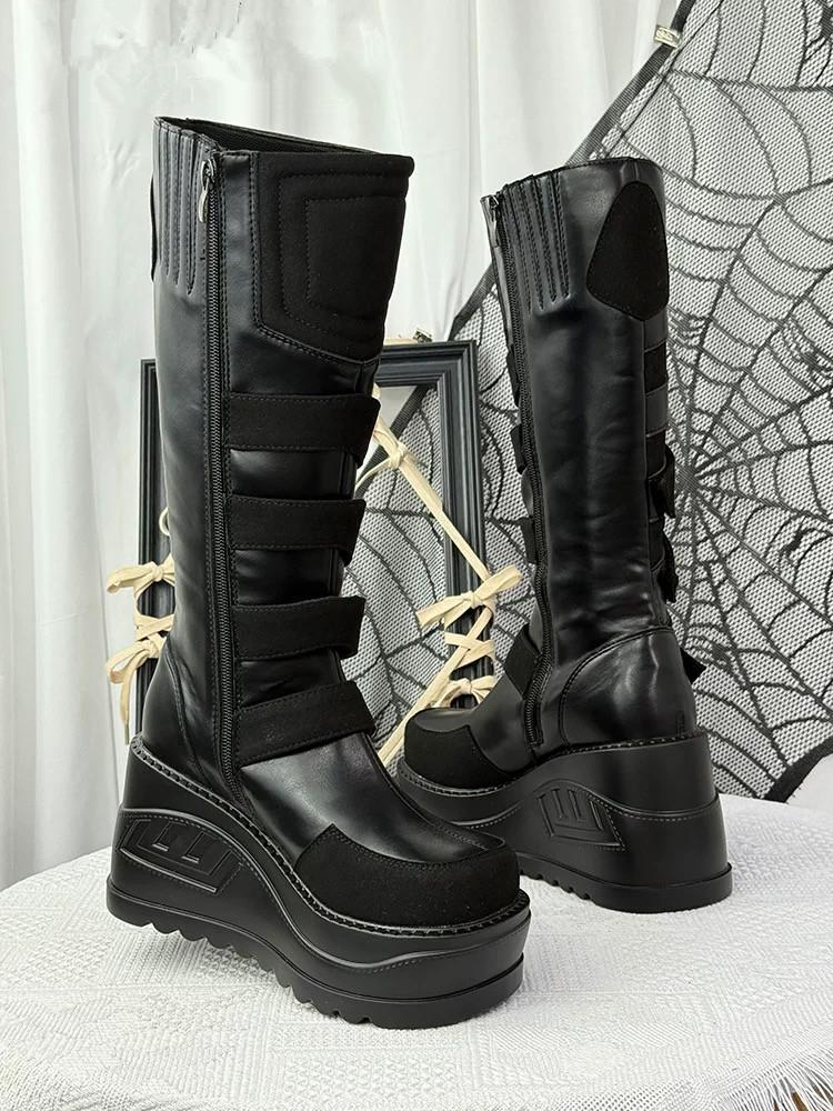 Schwarze Plateau Goth Stiefel für Damen Klobiger Absatz Schnürung Schnallenriemen Ideal für Punk/Rave Outfits Reißverschluss an der Seite Damen Trendige Mode