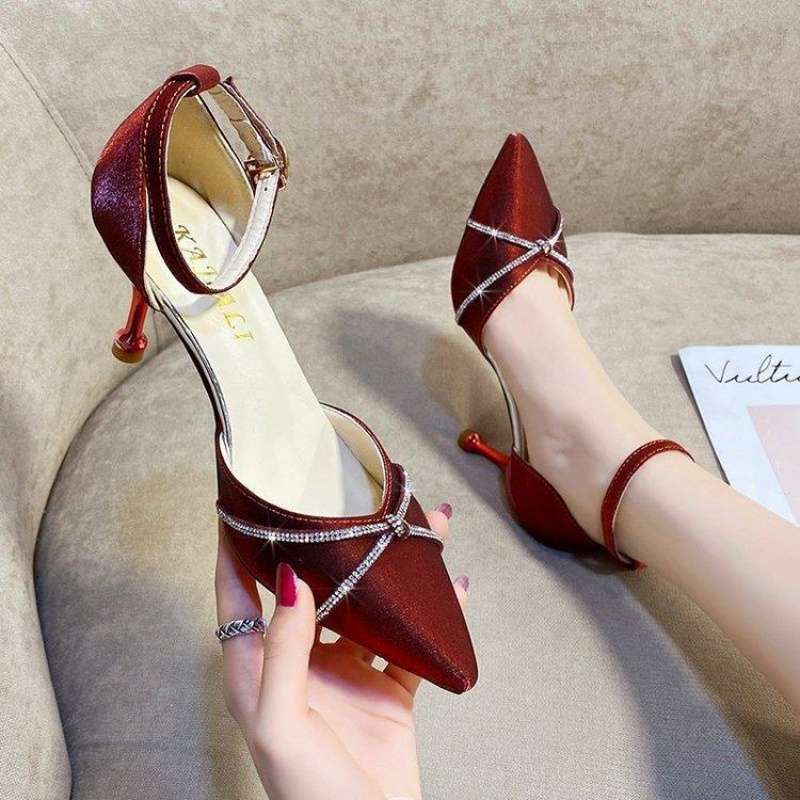 Red Satin Wedding Shoes New Korean Version French Pointed Rhinestone One-word Buckle Hollow Women's Single Shoes Stiletto High Heels