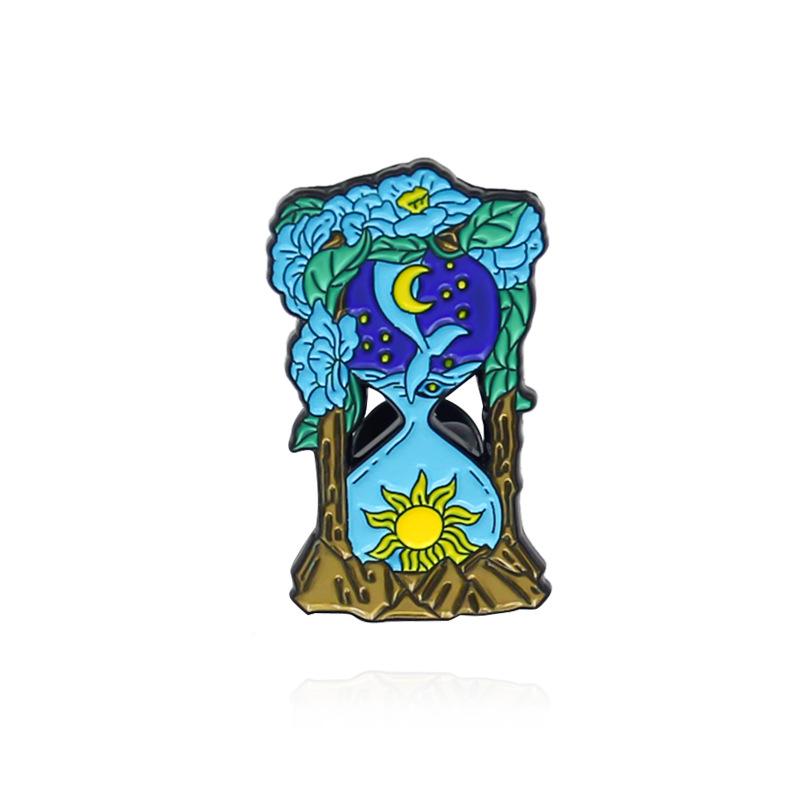 Starry Sky Sun & Moon Hourglass: Moonlit Beauty Brooch with Swinging Star and Cat Design.