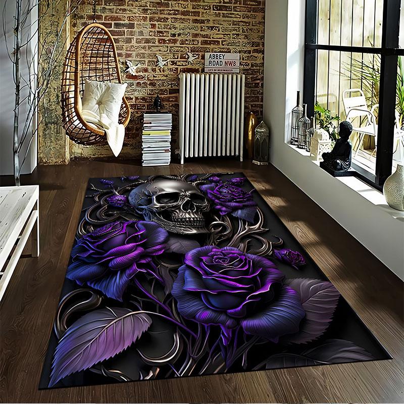 Skull with Purple Roses Artwork suitable as a non-slip mat for the living room or bedroom sofa