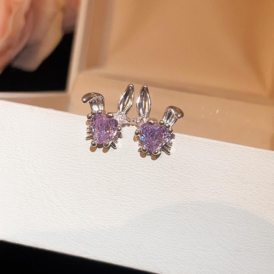 Custom Zircon Heart Rabbit Stud Earrings - Unique Geometric Jewelry for Women