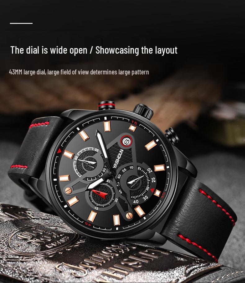 YASHIDUN Men's Multifunctional Luminous Waterproof Leather Watch