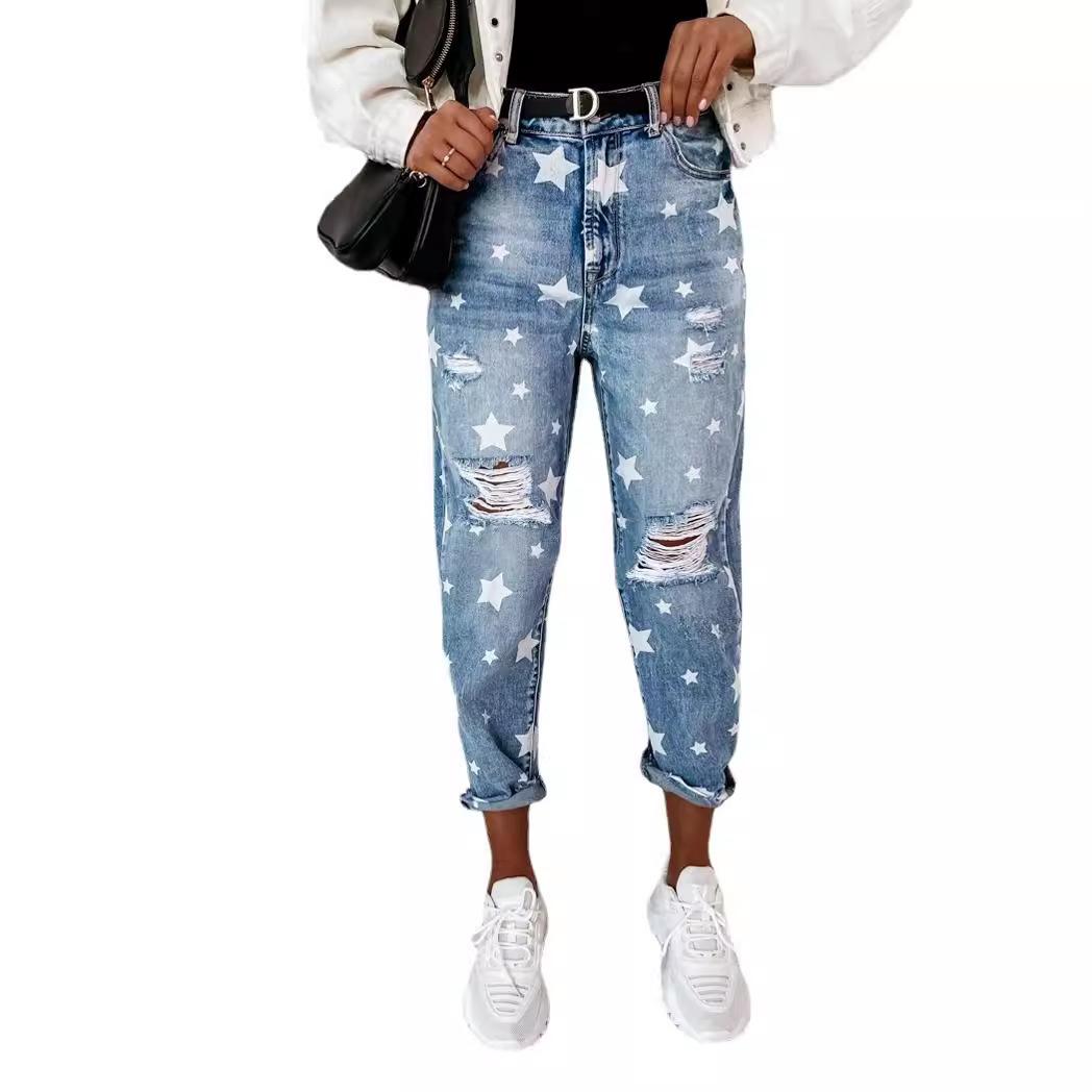 

Джинсы-бойфренды Женские узкие джинсы с дырками для женщин с рваными джинсами с пятиконечной звездой Уличные повседневные синие джинсовые брюки XL синий