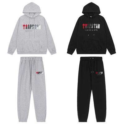 European and American Trendy Brand Red and Gray Towel Embroidered Velvet Male Couple High Street Casual Sweater Trousers Set