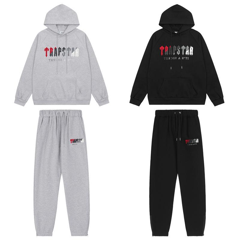 European and American Trendy Brand Red and Gray Towel Embroidered Velvet Male Couple High Street Casual Sweater Trousers Set