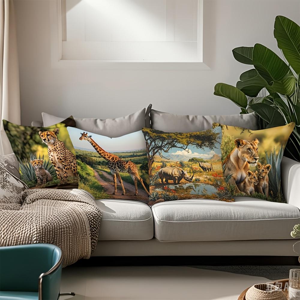 4-Piece 2D Printed Pillowcase Set – African Safari Theme with Cheetahs, Giraffes, Rhinos & Lions