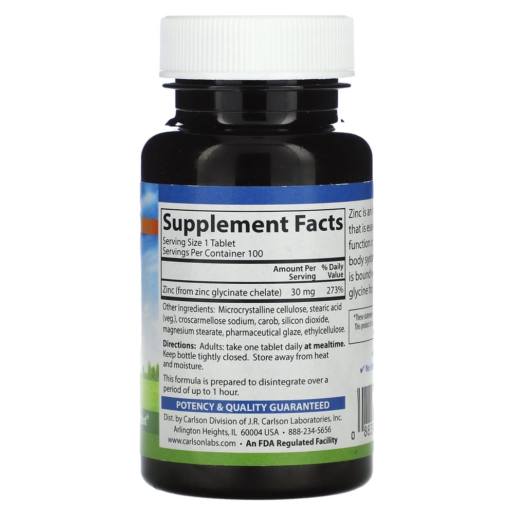 Carlson Labs Chelated Zinc 30mg, 100 Tablets